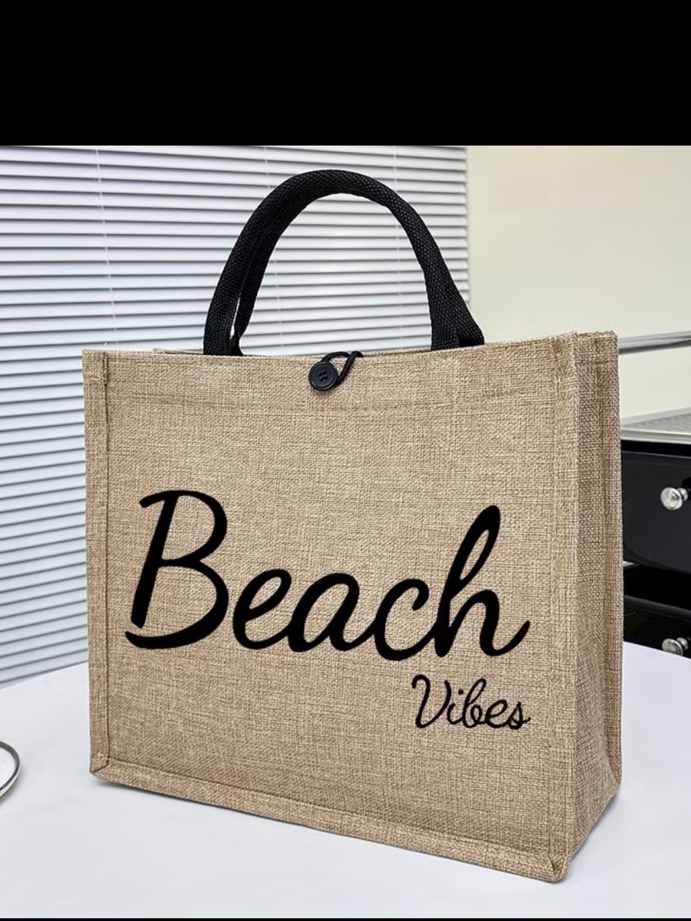 Beach Vibes Jute Tote Bag with Black Handles